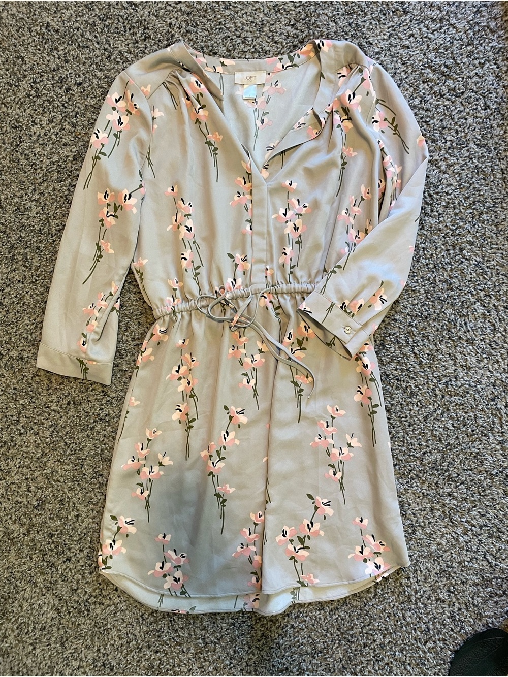 LOFT Light Gray Floral Tie-Waist Mini Dress